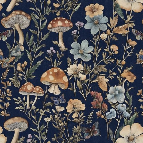 Froluya Mushroom Peel and Stick Wallpaper Dark Floral Contact Paper 16.9" x 118.1" Navy Floral Wallpaper Peel and Stick for Bathroom Vintage Boho Self Adhesive Removable Wall Paper Kitchen Cabinets - Image 1
