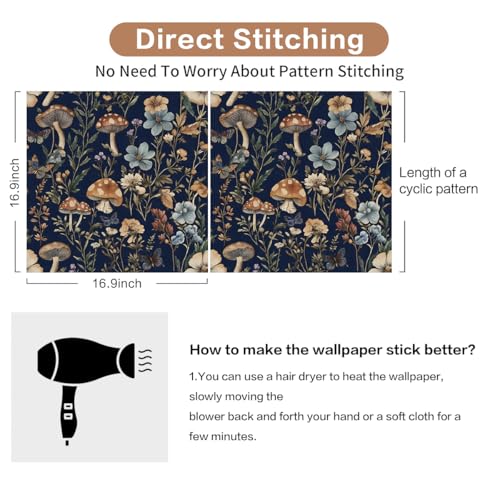 Froluya Mushroom Peel and Stick Wallpaper Dark Floral Contact Paper 16.9" x 118.1" Navy Floral Wallpaper Peel and Stick for Bathroom Vintage Boho Self Adhesive Removable Wall Paper Kitchen Cabinets - Image 4