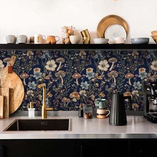 Froluya Mushroom Peel and Stick Wallpaper Dark Floral Contact Paper 16.9" x 118.1" Navy Floral Wallpaper Peel and Stick for Bathroom Vintage Boho Self Adhesive Removable Wall Paper Kitchen Cabinets - Image 3