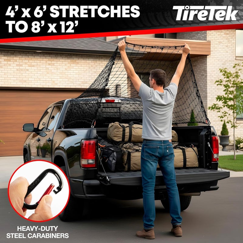 TireTek Cargo Net for Pickup Truck Bed- 4' x 6' Stretches to 8' x 12'- Heavy Duty Small 4”x4” Latex Bungee Net Mesh with 12 Metal Carabiners - Compatible with Ford, Dodge RAM, Chevy, Toyota All need matching options - Image 2