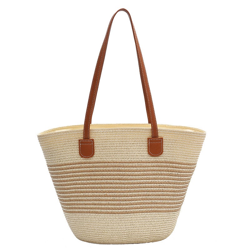 Striped Shoulder Straw Woven Bag Woven Bag Large Capacity Casual All-Match Women'S Beach Woven Bag