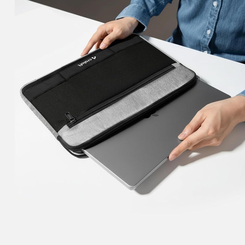 CRALOFT 14″ Water-Resistant Padded Laptop Sleeve Cover Bag with Handle - Polyester 14-Inch Case Compatible with MacBook, Dell, HP, Lenovo – Office & Travel use (Grey/Black) - Image 4