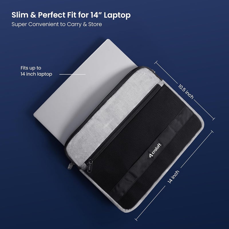 CRALOFT 14″ Water-Resistant Padded Laptop Sleeve Cover Bag with Handle - Polyester 14-Inch Case Compatible with MacBook, Dell, HP, Lenovo – Office & Travel use (Grey/Black) - Image 2