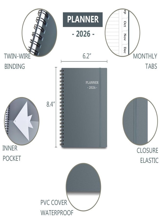 Tiankool Planner 2026, Jan 2026 - Dec 2026 Weekly Monthly Planner with 12 Monthly Tabs and Elastic Closure, Inner Pocket, Round Corner,5.8" x 8.25"- Grey - Image 2