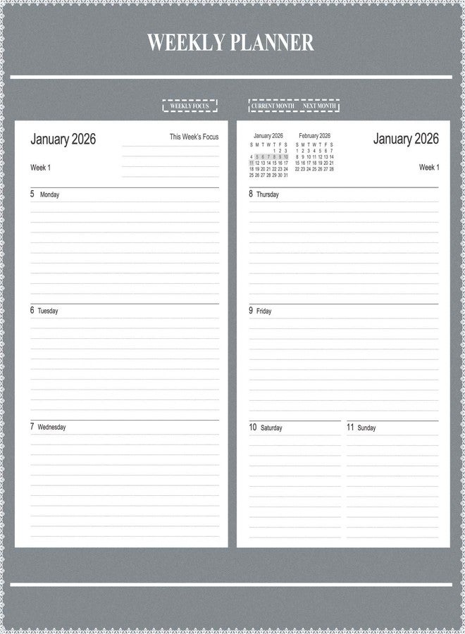 Tiankool Planner 2026, Jan 2026 - Dec 2026 Weekly Monthly Planner with 12 Monthly Tabs and Elastic Closure, Inner Pocket, Round Corner,5.8" x 8.25"- Grey - Image 5