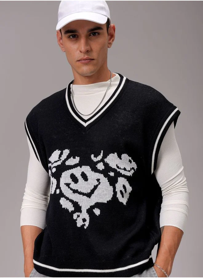 The Indian Garage Co Men Boxy Fit Graphic V-Neck Sweater
