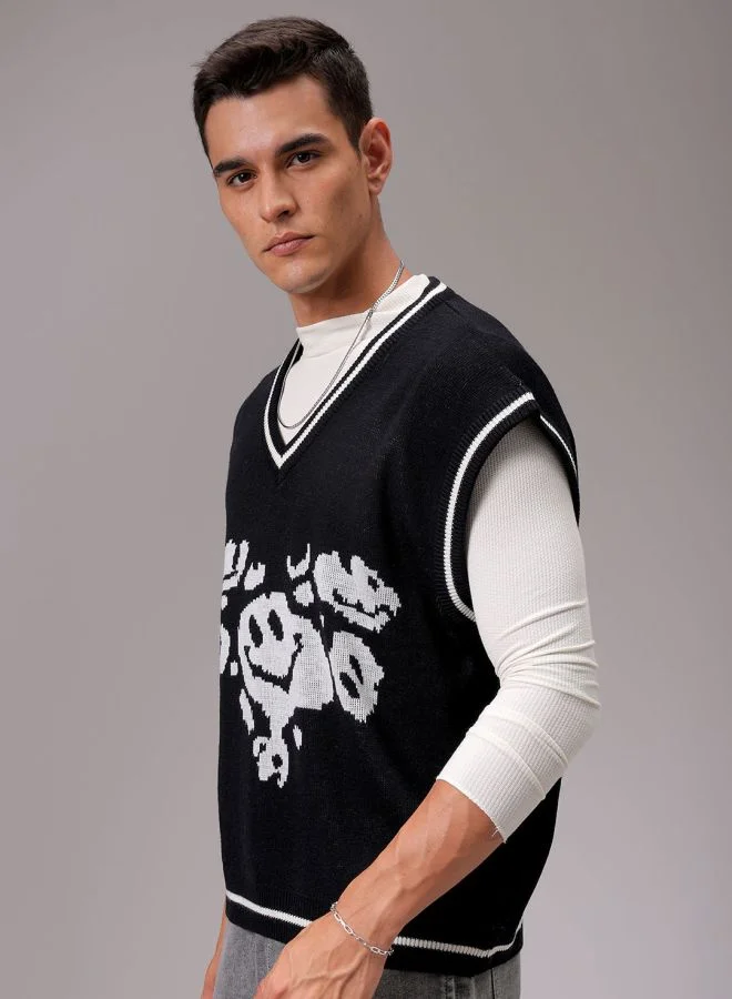 The Indian Garage Co Men Boxy Fit Graphic V-Neck Sweater