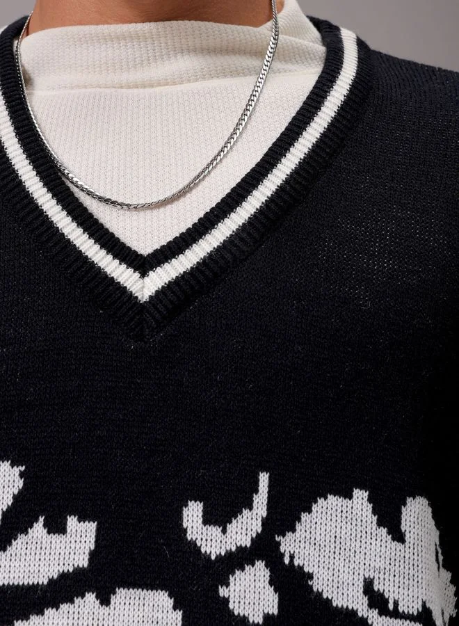 The Indian Garage Co Men Boxy Fit Graphic V-Neck Sweater
