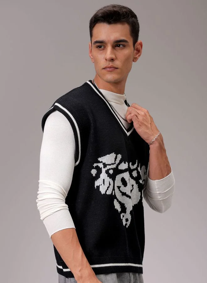 The Indian Garage Co Men Boxy Fit Graphic V-Neck Sweater