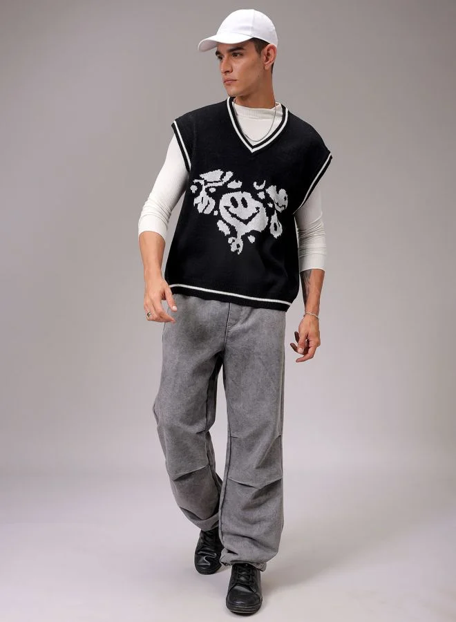 The Indian Garage Co Men Boxy Fit Graphic V-Neck Sweater