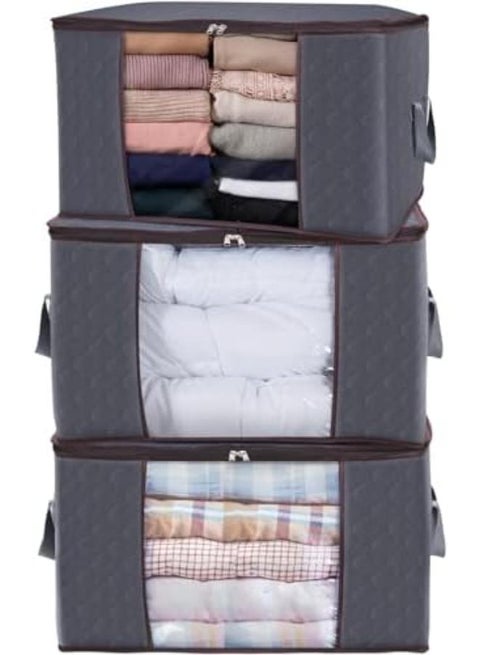 حقيبة تخزين الملابس ذات سعة كبيرة من مع مقبض معزز ونسيج سميك للألحفة والبطانيات والفراش قابلة للطي مع سحاب قوي ونافذة شفافة 3 عبوات 90 لتر رمادي