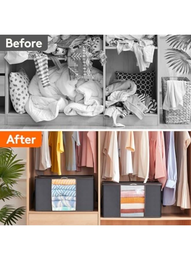 حقيبة تخزين الملابس ذات سعة كبيرة من مع مقبض معزز ونسيج سميك للألحفة والبطانيات والفراش قابلة للطي مع سحاب قوي ونافذة شفافة 3 عبوات 90 لتر رمادي - Image 5