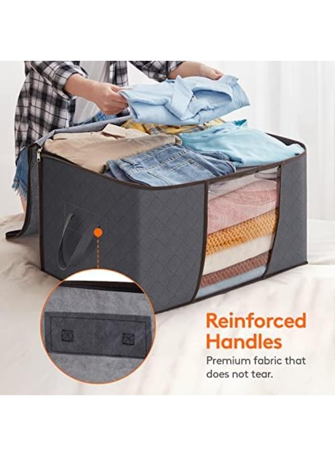 حقيبة تخزين الملابس ذات سعة كبيرة من مع مقبض معزز ونسيج سميك للألحفة والبطانيات والفراش قابلة للطي مع سحاب قوي ونافذة شفافة 3 عبوات 90 لتر رمادي - Image 4