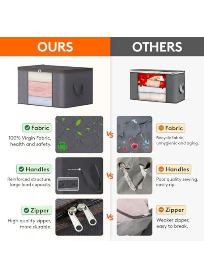 حقيبة تخزين الملابس ذات سعة كبيرة من مع مقبض معزز ونسيج سميك للألحفة والبطانيات والفراش قابلة للطي مع سحاب قوي ونافذة شفافة 3 عبوات 90 لتر رمادي - Image 3