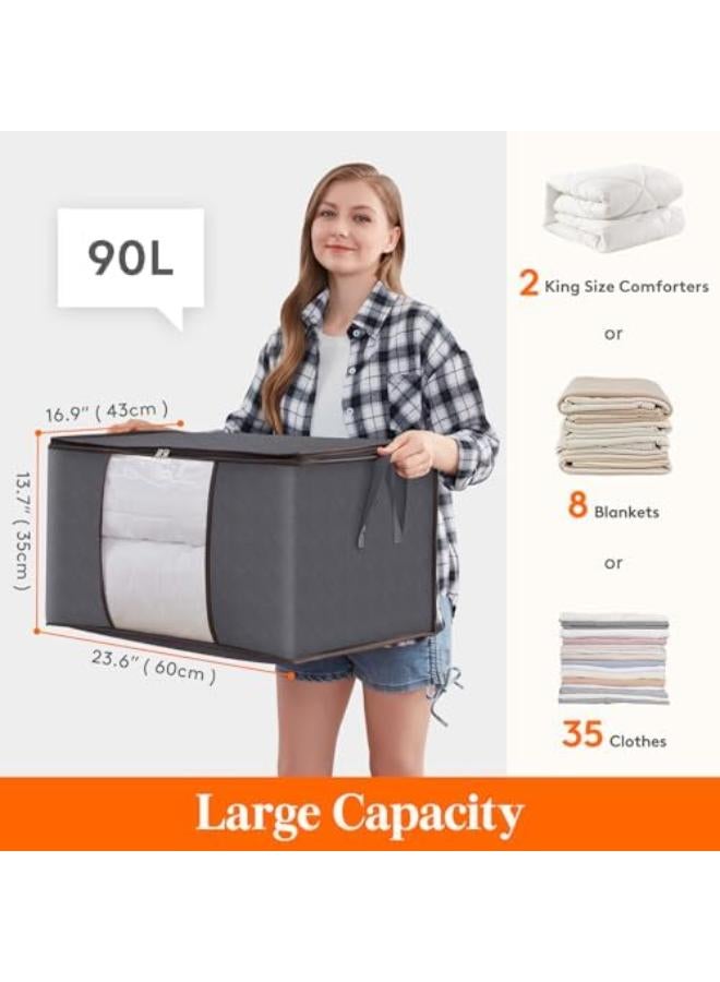 حقيبة تخزين الملابس ذات سعة كبيرة من مع مقبض معزز ونسيج سميك للألحفة والبطانيات والفراش قابلة للطي مع سحاب قوي ونافذة شفافة 3 عبوات 90 لتر رمادي - Image 2