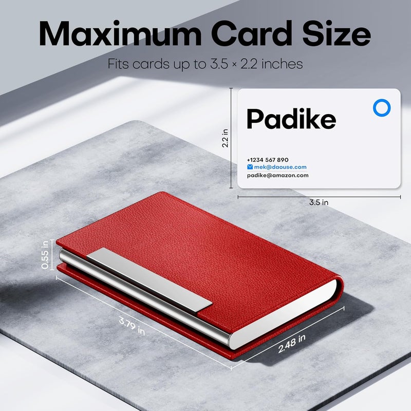 Padike Business Card Holder, Red Faux Leather Wallet with Stainless Steel, RFID Protected - Image 5