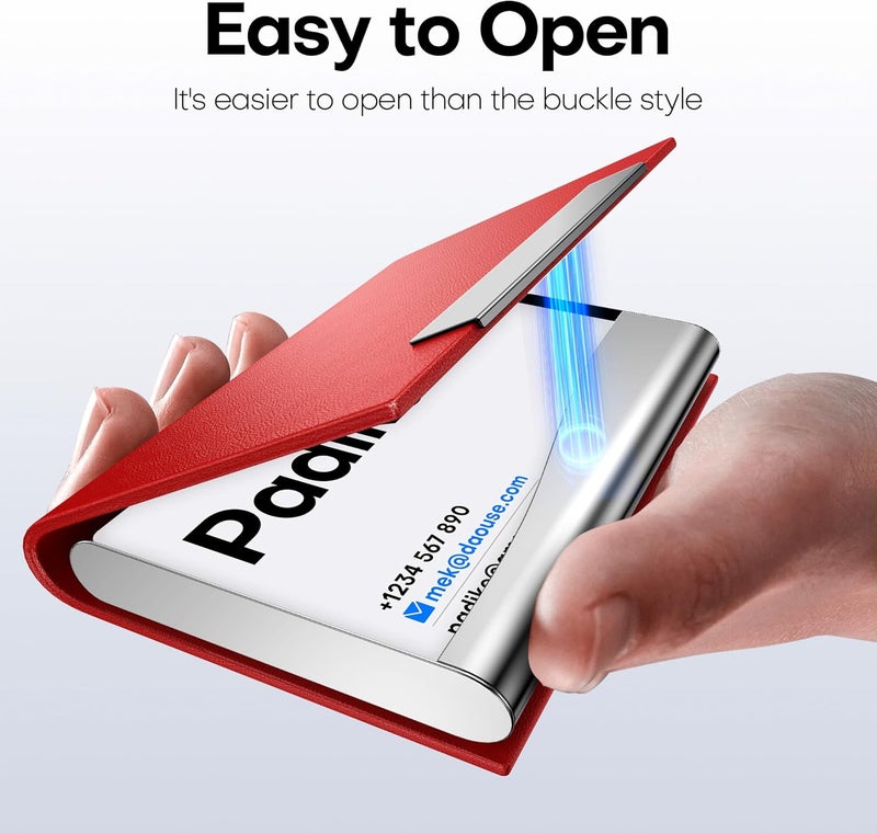 Padike Business Card Holder, Red Faux Leather Wallet with Stainless Steel, RFID Protected - Image 4