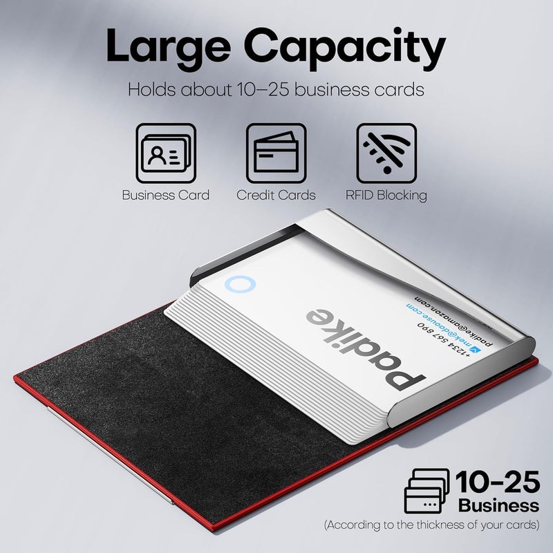 Padike Business Card Holder, Red Faux Leather Wallet with Stainless Steel, RFID Protected - Image 2