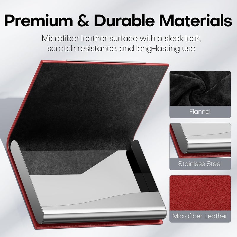 Padike Business Card Holder, Red Faux Leather Wallet with Stainless Steel, RFID Protected - Image 3