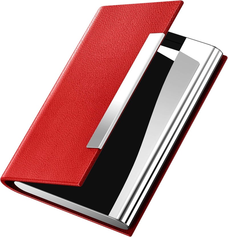 Padike Business Card Holder, Red Faux Leather Wallet with Stainless Steel, RFID Protected - Image 1