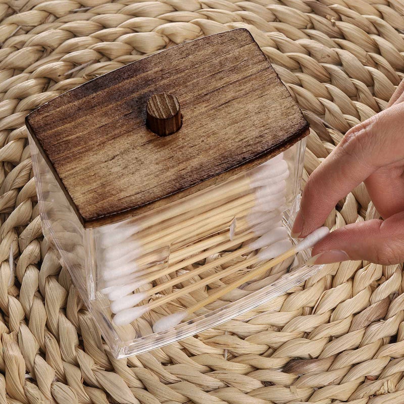 Tbestmax 7 OZ Cotton Swab Pads Holder, Qtip Cotton Buds Ball Dispenser, Bathroom Containers Apothecary Jar for Storage Brown Wood Lids 1 Pcs - Image 5