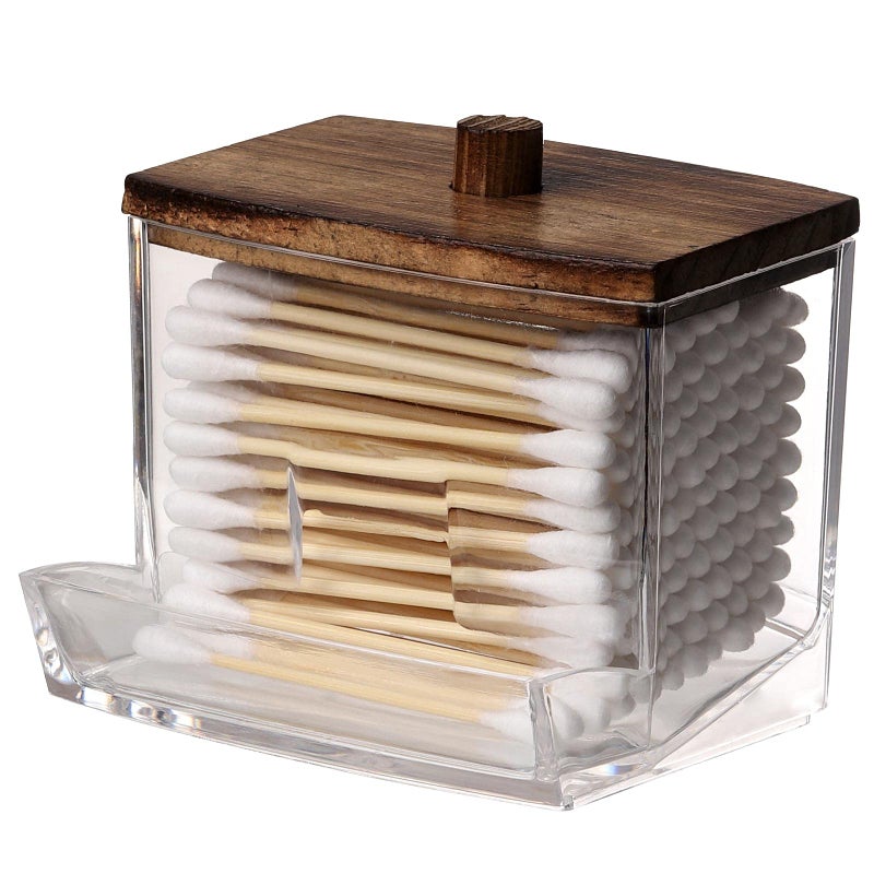 Tbestmax 7 OZ Cotton Swab Pads Holder, Qtip Cotton Buds Ball Dispenser, Bathroom Containers Apothecary Jar for Storage Brown Wood Lids 1 Pcs - Image 1