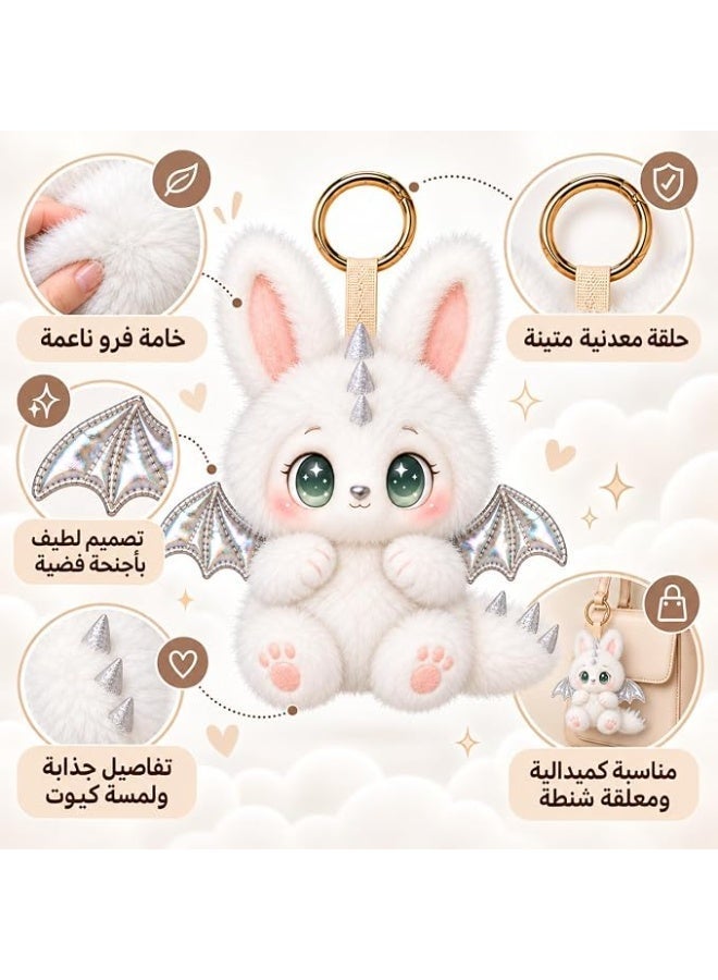 فيرست تشويس First Choice ميدالية مفاتيح ميدالية تعليقة شنطة بتصميم أرنب أبيض لطيف بأجنحة فضية لامعة، دمية قطيفة محشوة ناعمة وفرو فاخر، إكسسوار أنيق ومميز للحقائب والمفاتيح (قطعة واحدة) - Image 3