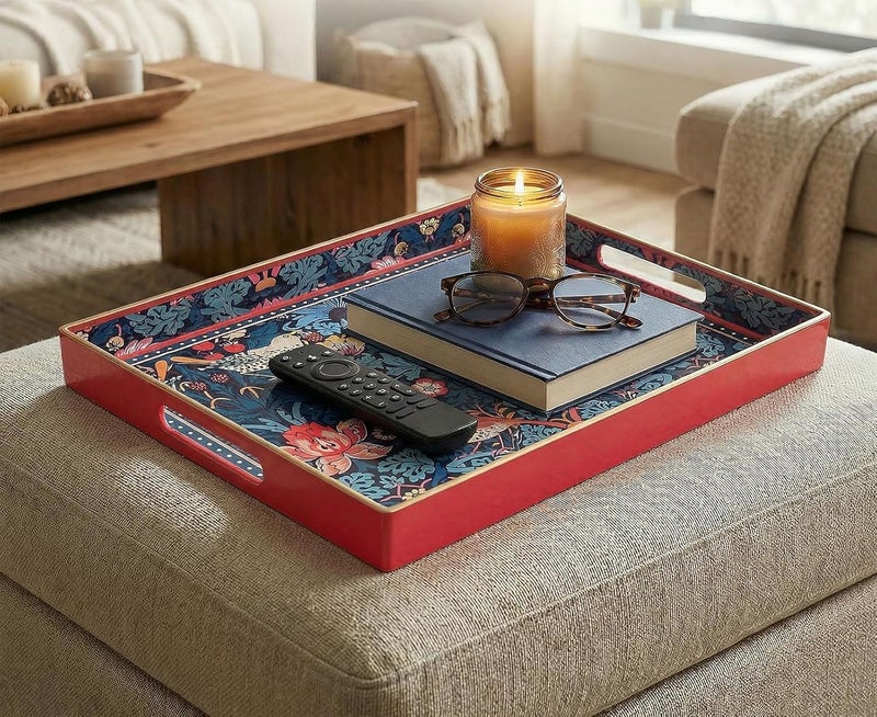 Simmer Stone Rectangular Decorative Plastic Tray with Handles, Modern Serving Tray for Ottoman, Coffee Table, Kitchen and Bathroom, 40 x 30 cm, Red - Image 5