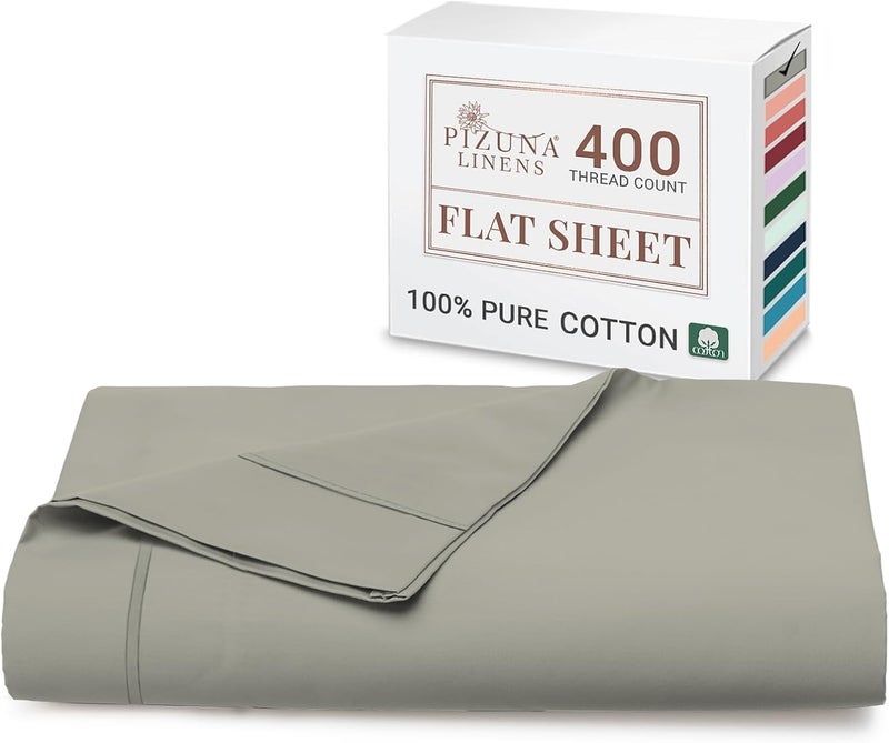 PIZUNA 100% Cotton Flat Bed Sheet Queen Size 275x280 cm Silver 1 PC, 400 Thread Count Luxurious Long Staple Cotton Sateen Weave Bed Sheet Silver (ملاءة سرير مسطحة من القطن 100%) - Image 1