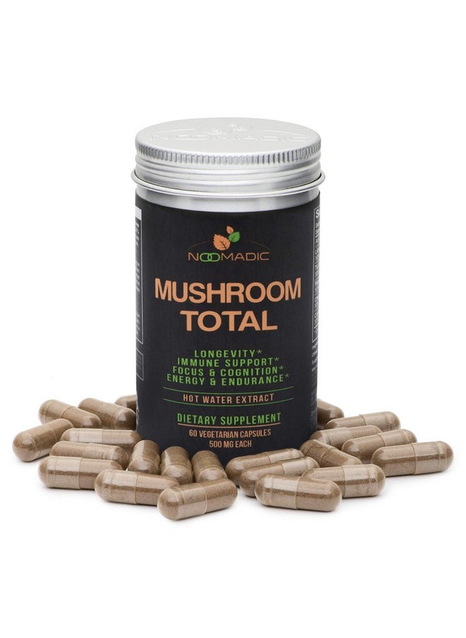 Noomadic Mushroom Total, 60 Capsules, 500Mg, 30% Beta Glucans, Adaptogenic Mushroom Complex Of Lions Mane, Turkey Tail, Chaga, Reishi, Cordyceps, Hot Water Extract, Fruiting Bodies.  - Image 1