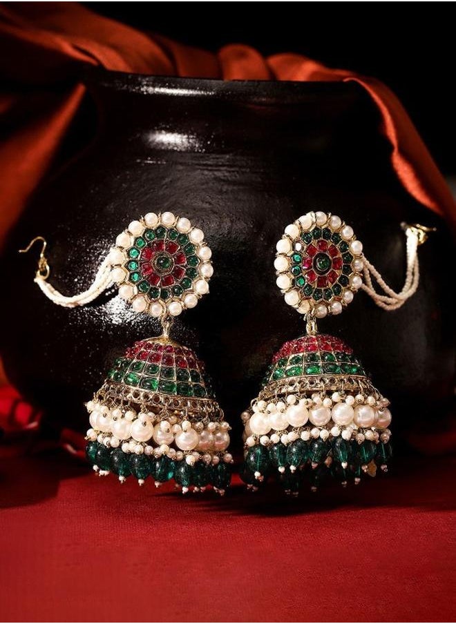 Priyaasi Elegant Women Ruby Green Brass Earrings with pattern and secured with Post and Back closure and styled in ideal for Ethnic moments — designed to make heads turn.  - Image 1
