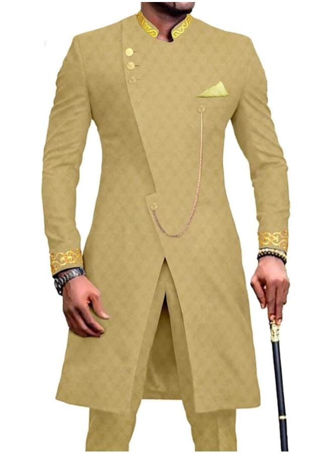 African Men Traditional Suit Dashiki Coats Chain Jacket and Pants Gold Embroidery Outwear Outfits for Wedding Evening