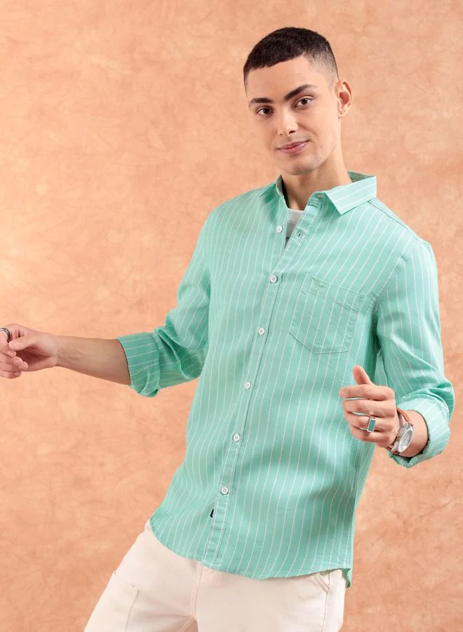 The Indian Garage Co Men Regular Fit Striped Full Sleeves Cutaway Collar Casual Shirt