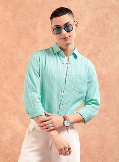 The Indian Garage Co Men Regular Fit Striped Full Sleeves Cutaway Collar Casual Shirt