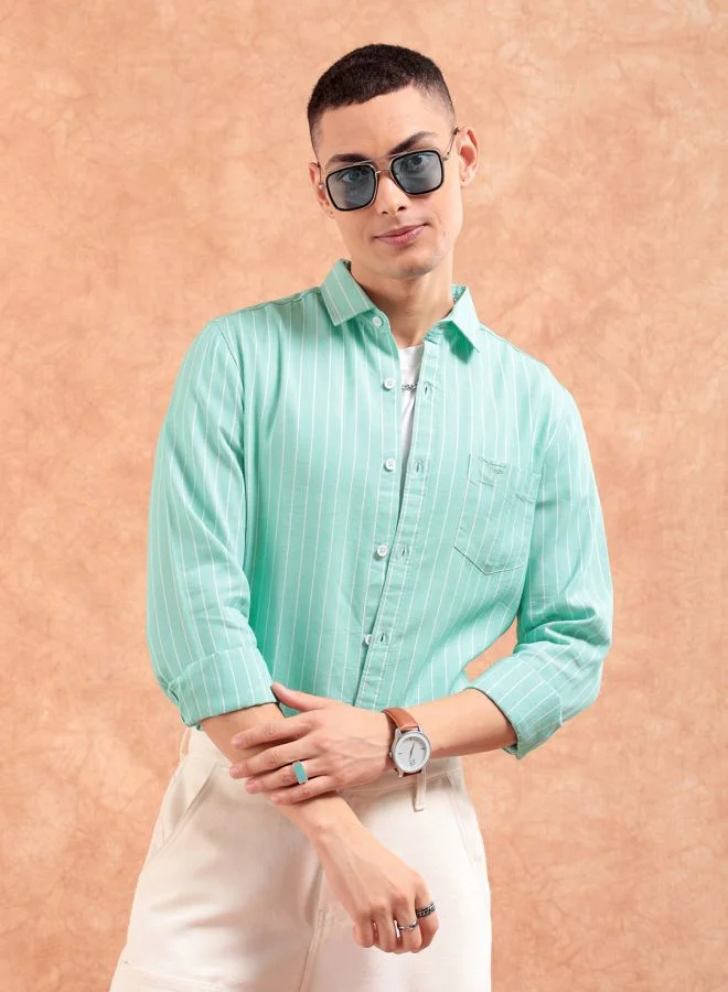 The Indian Garage Co Men Regular Fit Striped Full Sleeves Cutaway Collar Casual Shirt