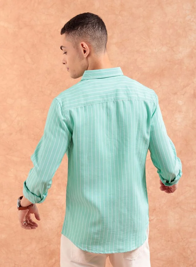 The Indian Garage Co Men Regular Fit Striped Full Sleeves Cutaway Collar Casual Shirt