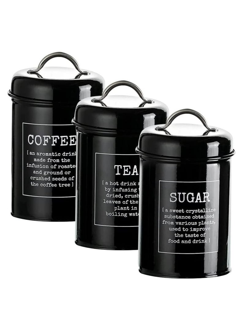 Arabest - Set of 3 Airtight Kitchen Canister Decorations with Lids, Coffee, Tea, Sugar Metal Containers, Decorative Nesting Kitchen Canister Jars, Food Storage (Black) - Image 1