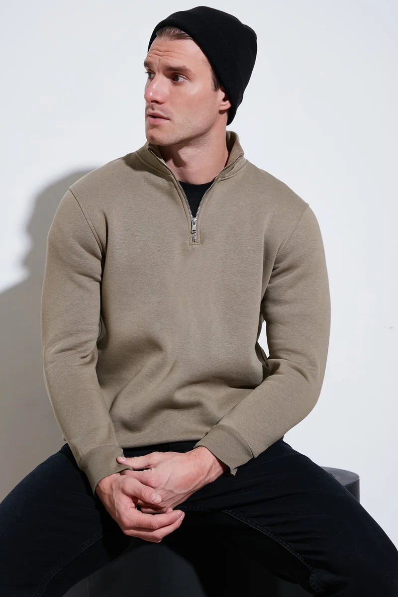 Cotton Regular Fit Half Zipper Stand Collar Sweat Men's Sweat 59052592