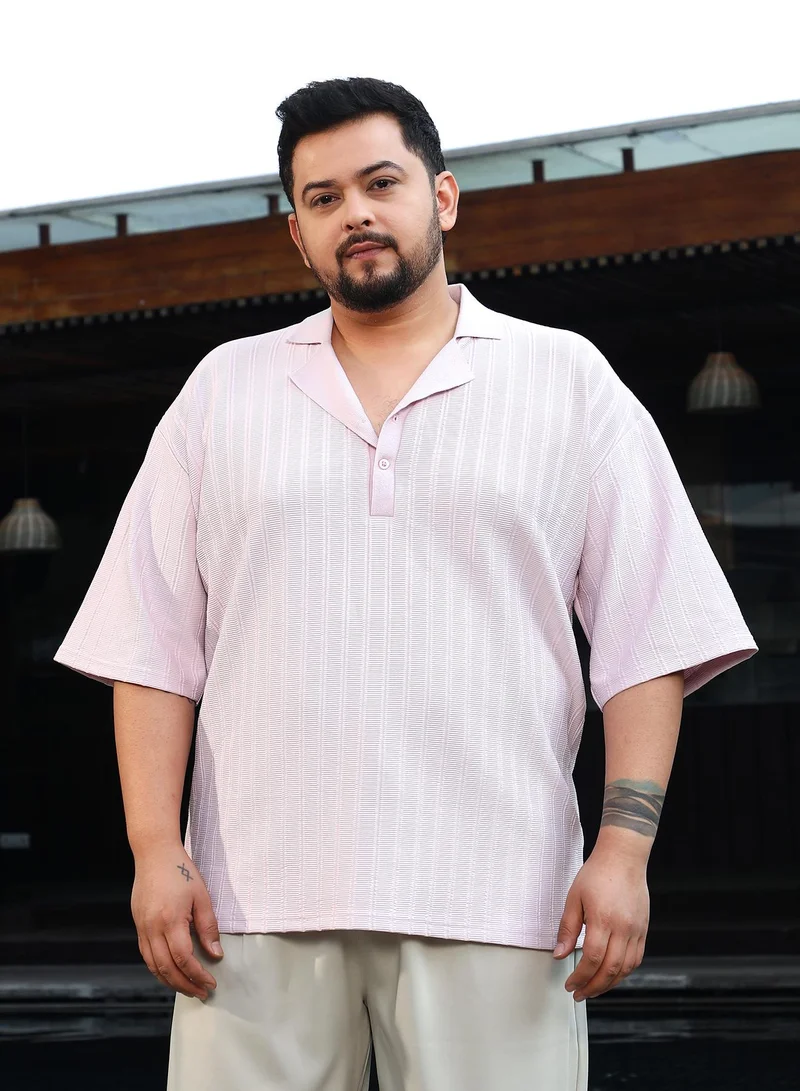 Instafab Plus Instafab Plus Men's Baby Pink Coil-Tactile Cuban Polo T-Shirt For Casual Wear | Polo Neck | Short Cuffed Sleeves | Half-Button Closure | Plus Size T-Shirt Crafted With Comfort Fit For Everyday Wear