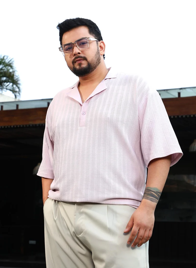 Instafab Plus Instafab Plus Men's Baby Pink Coil-Tactile Cuban Polo T-Shirt For Casual Wear | Polo Neck | Short Cuffed Sleeves | Half-Button Closure | Plus Size T-Shirt Crafted With Comfort Fit For Everyday Wear