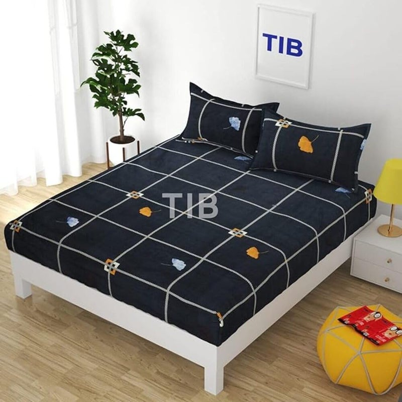 TIB Glace Cotton 78 x 72 Elastic Fitted Bedsheets King Size with 2 Pillow Covers, Pack of 3, Navy Blue - Image 2