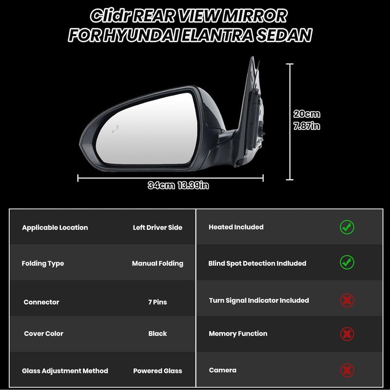 Clidr Driver Side Mirror for 2017-2020 Hyundai Elantra - Heated, Manual Folding with Blind Spot Detection - Image 3