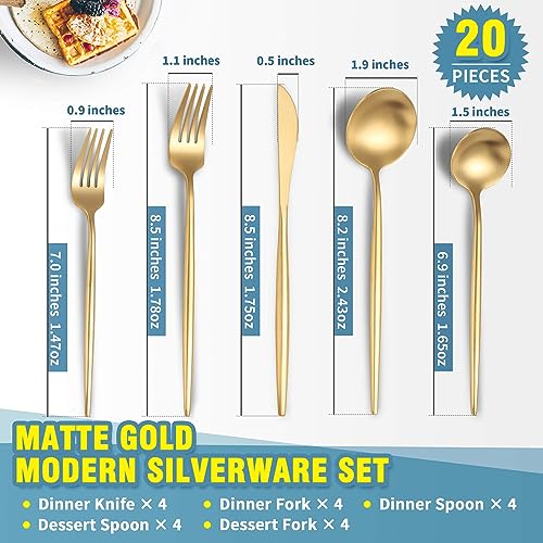 Lemeya Matte Gold Silverware Set for 4,Modern Stainless Steel Brushed Cutlery Set,20-Pieces Heavy Duty Flatware Set,Knives Spoons and Forks Set Utensils Set, Satin Finish, Dishwasher Safe - Image 2