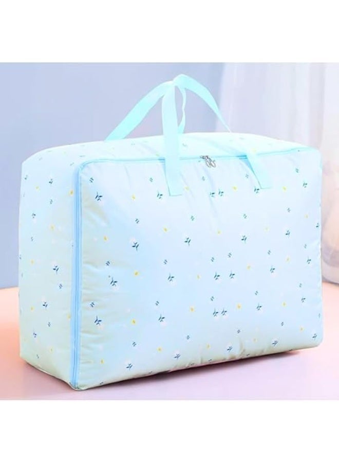 شنطة تخزين كبيرة محمولة مقاومة للماء مع سحّابات، حقيبة منظمة من قماش أكسفورد سميك عالي التحمل مثالية للنوم والألحفة والبطانيات وديكورات الاحتفالات ((71×44×39سم) (زهرة زرقاء فاتحة) - Image 1