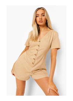 V Neck Button Down Linen Smock Playsuit