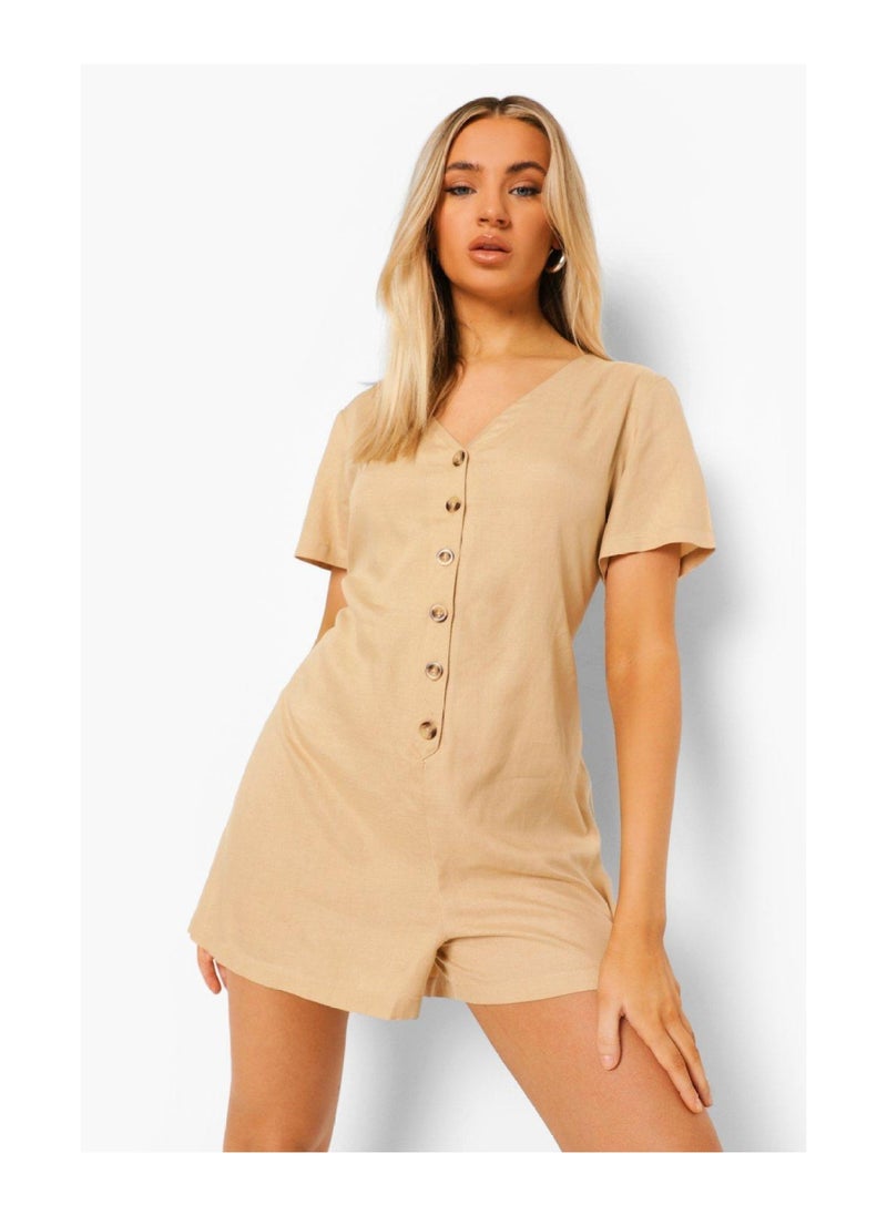 boohoo - V Neck Button Down Linen Smock Playsuit - Image 1