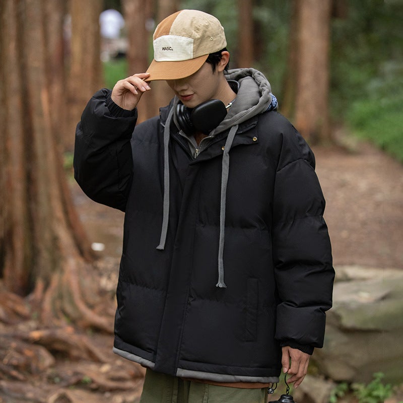 2023 Winter Cotton-Padded Coat Thickened Warm Fake Two-Piece Cotton-Padded Coat Loose Couple Hooded Bread Suit Solid Color Cotton-Padded Coat - Image 5