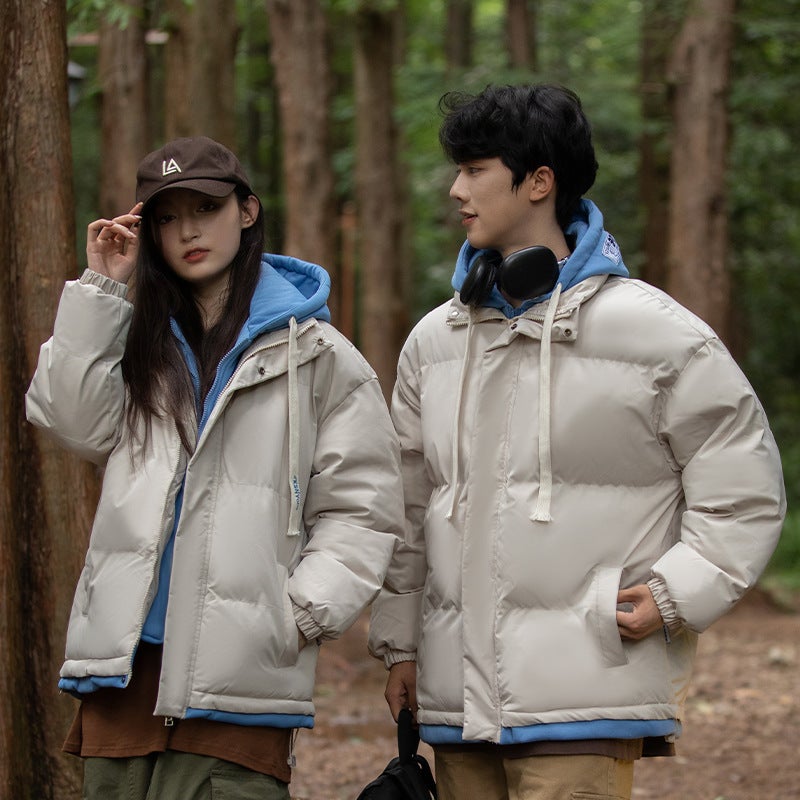 2023 Winter Cotton-Padded Coat Thickened Warm Fake Two-Piece Cotton-Padded Coat Loose Couple Hooded Bread Suit Solid Color Cotton-Padded Coat - Image 1