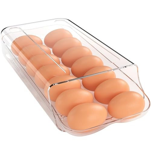 theaoo Egg Holder for Fridge Automatic Rolling Egg Container for Refrigerator Clear Plastic Egg Dispenser Stackable Eggs Organizer with Quick Removable inner Tray For Organizers and Storage 1Pack