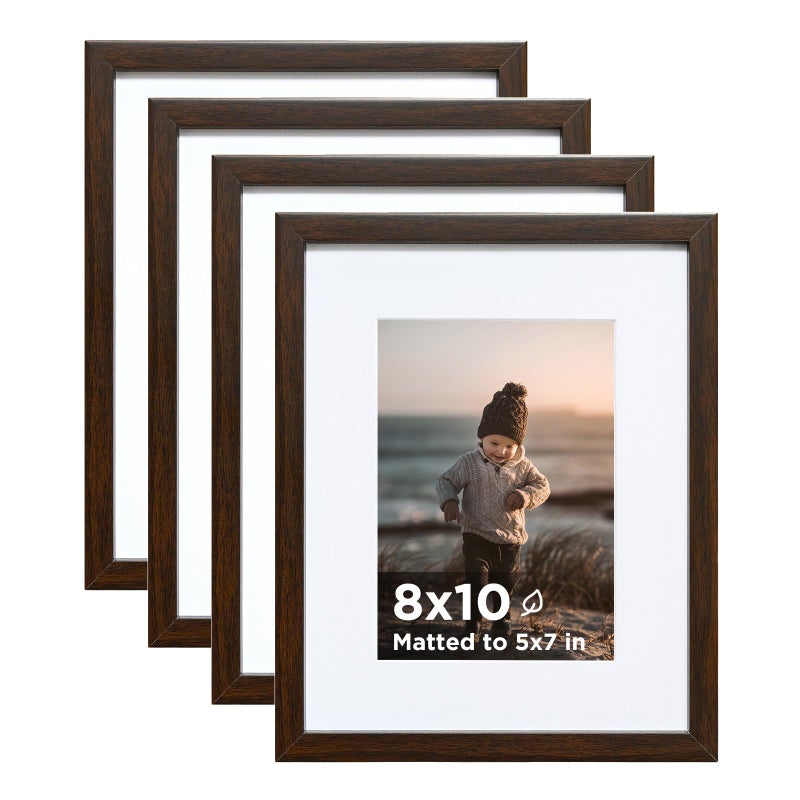 KINLINK 8x10 Picture Frame Brown Set of 4 Wooden Photo Frames Matted 5x7 with Plexiglass for 5x7 with Mat or 8x10 without Mat for Table and Wall Display